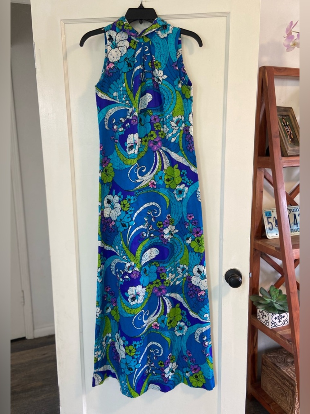 Vtg 70's Pomare Hawaiian Maxi Dress Halter Tiki Acrylic Barkcloth Sleeveless